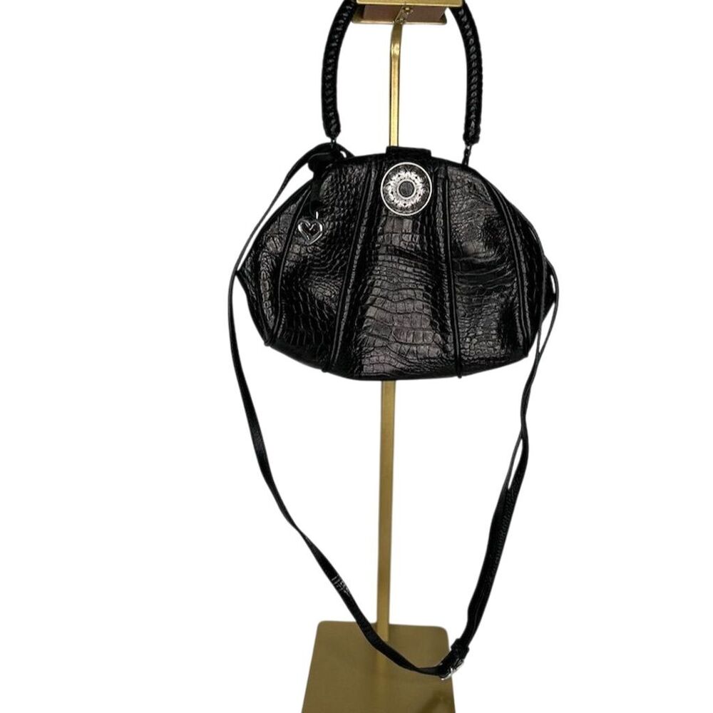 Brighton Black Leather Shoulder Bag Reptile Texture Silver Accents